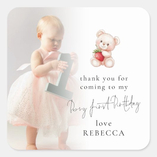 ベアーストロベリーフォトベリーファースト誕生日感謝してい スクエアシール (正面)