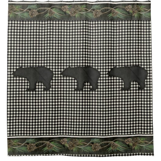 ベアーズマウン素朴テンキャビン白黒パインコーン シャワーカーテン (正面)