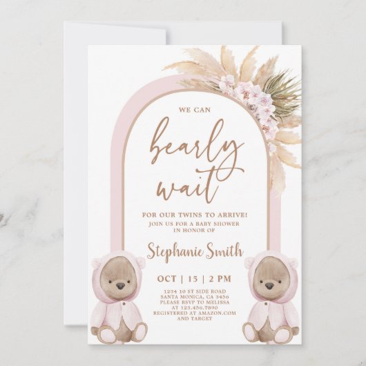 ベアーツインガールズベビーシャワー招待状 招待状 (正面)