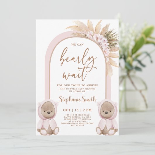 ベアーツインガールズベビーシャワー招待状 招待状 (スタンド正面)