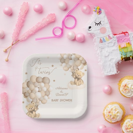 ベアーツインズブラウン男女兼用ベージュベビーシャワー ペーパープレート (パーティー)