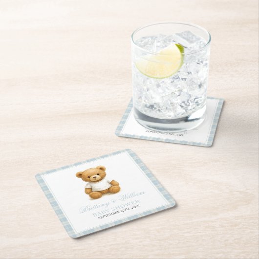 ベアーデザイ名門私立校風のナーブループレイドベビーシャワー スクエアペーパーコースター (インサイチュ)