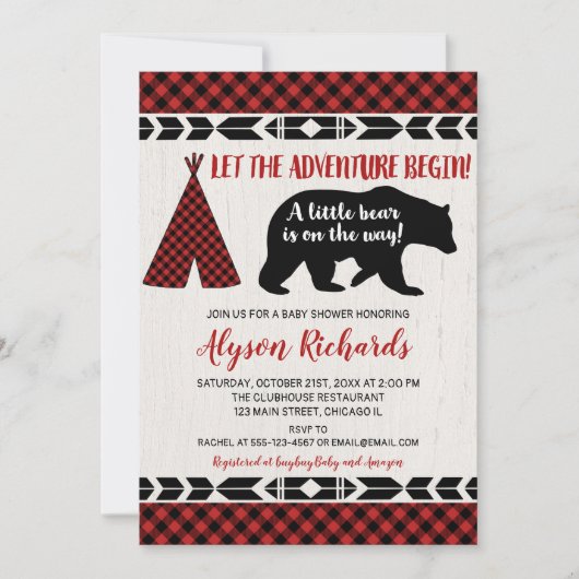 ベアーバッファローplaid lumberjack男の子の赤ちゃんシャワー 招待状 (正面)