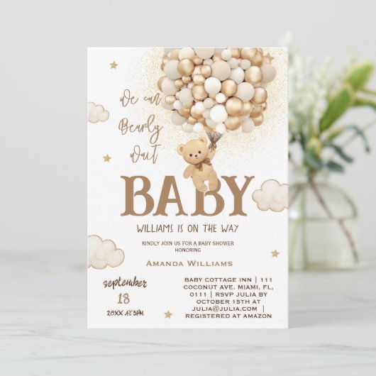 ベアーバルーンは赤ちゃんシャワーを待つ 招待状 (スタンド正面)
