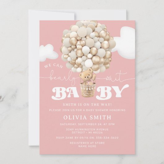 ベアーバルーン女の子の心待ち赤ちゃんシャワー 招待状 (正面)