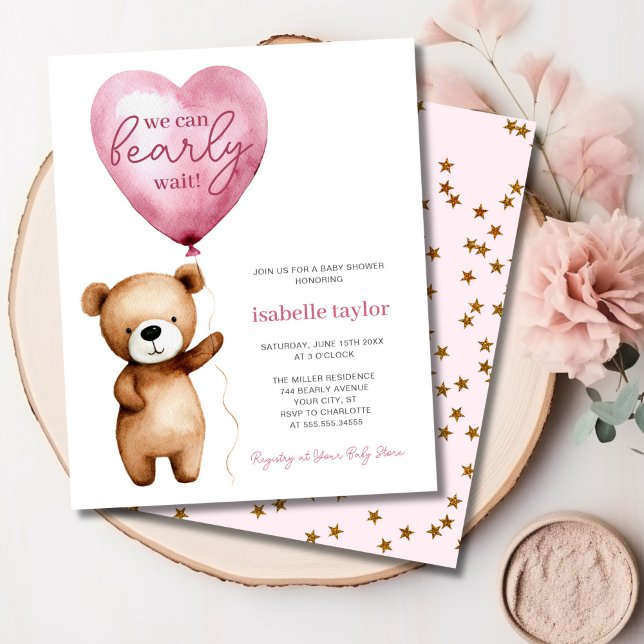 ベアーバルーン赤ちゃんガールシャワー予算招待状 (Bear Balloons Baby Girl Shower Budget Invitation)