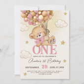 ベアーバルーン赤ちゃん女の子1st誕生日 招待状 (正面)
