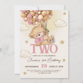 ベアーバルーン赤ちゃん女の子2nd誕生日 招待状 (正面)