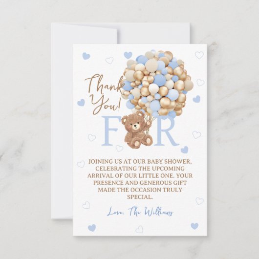ベアーバルーン青い金ゴールド赤ちゃんシャワー サンキューカード (正面)