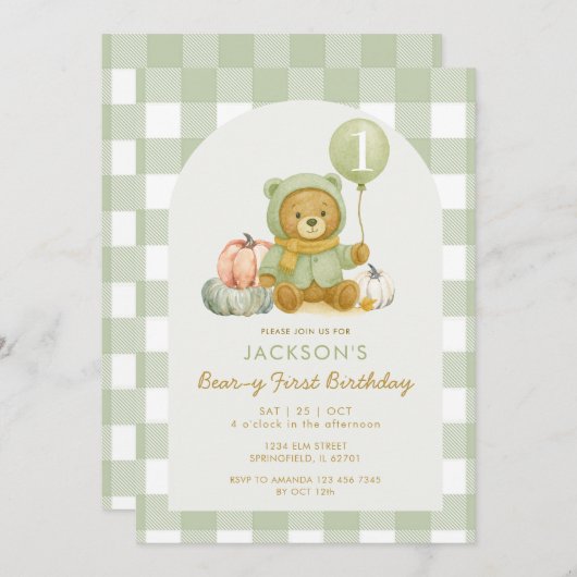 ベアーパンプキンセージ緑のベーリーファースト誕生日 招待状 (正面/裏面)