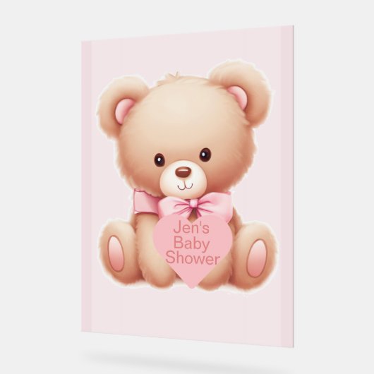 ベアーピンクのベビーシャワー アクリルサイン (傾斜)