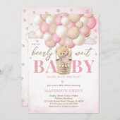 ベアーピンクのホットエアバルーンガールベビーシャワー 招待状 (正面/裏面)