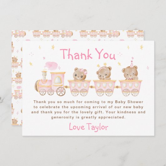 ベアーピンクの列車のベビーシャワー サンキューカード (正面/裏面)