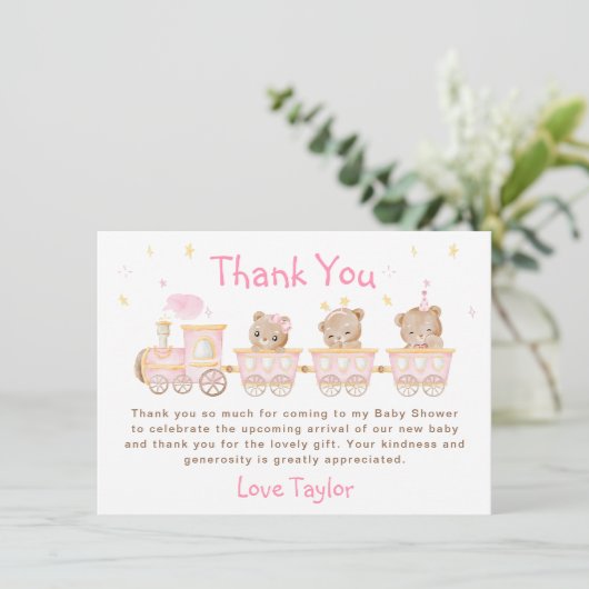 ベアーピンクの列車のベビーシャワー サンキューカード (スタンド正面)