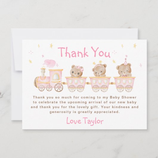 ベアーピンクの列車のベビーシャワー サンキューカード (正面)