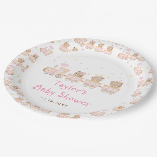 ベアーピンクの列車のベビーシャワー ペーパープレート (アングル)