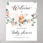 ベアーピンクガール赤ちゃんシャワー歓迎サイン ポスター (正面)