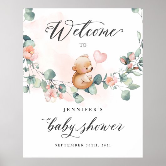 ベアーピンクガール赤ちゃんシャワー歓迎サイン ポスター (正面)