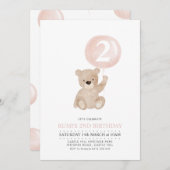 ベアーピンクバルーンガールズセカンドバースデー招待状 招待状 (正面/裏面)