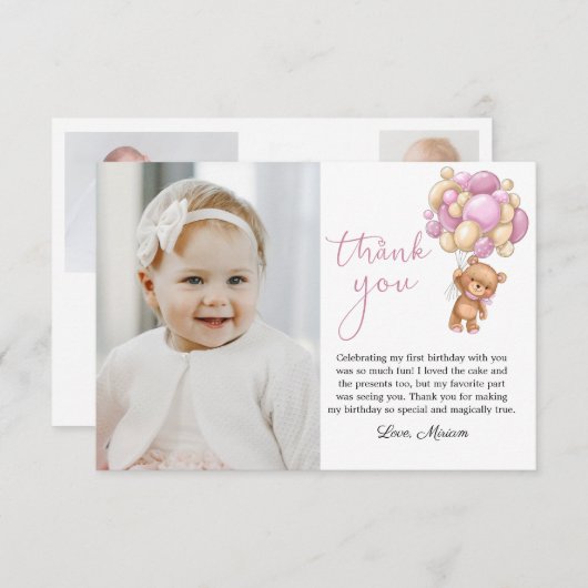 ベアーピンクバルーンベビー写真サンキューカード サンキューカード (正面/裏面)