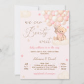 ベアーピンクバルーン女の子ベビーシャワーかわいい 招待状 (正面)