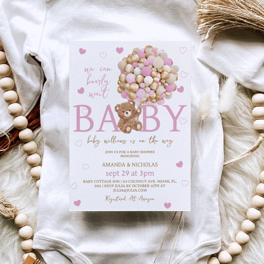 ベアーピンクバルーン女の子ベビーシャワー 招待状