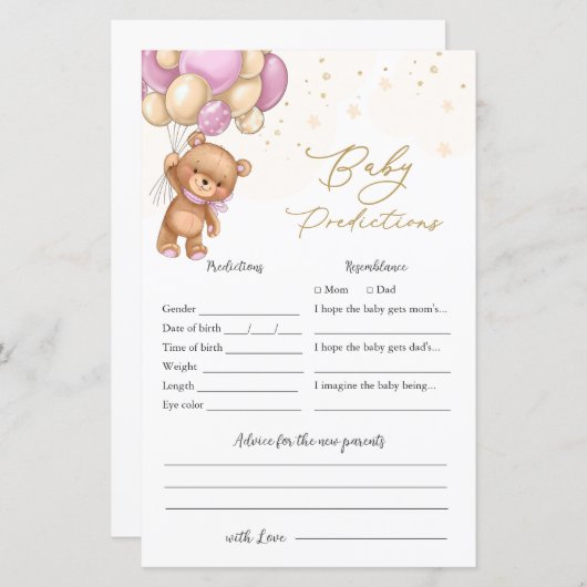 ベアーピンクバルーン赤ちゃんシャワーベビー予測 (正面/裏面)