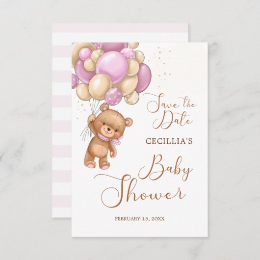 ベアーピンクバルーン赤ちゃんシャワー日付を保存 エンクロージャーカード (正面/裏面)