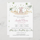 ベアーピンクフローラ緑バプティスガール招待状 招待状 (正面/裏面)