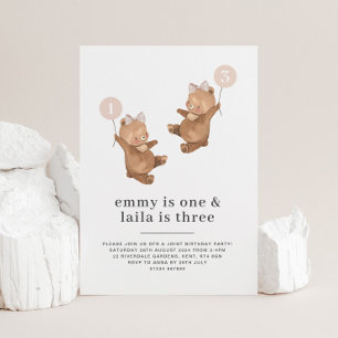 ベアーピンクボウ – ジョイント1歳と3歳 招待状