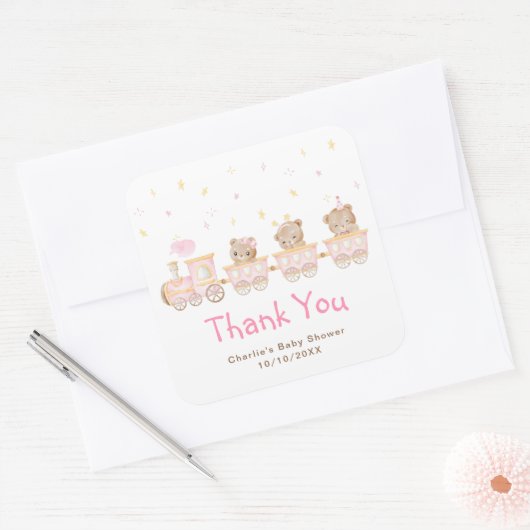ベアーピンク列車ベビーシャワーありがとう スクエアシール (封筒)
