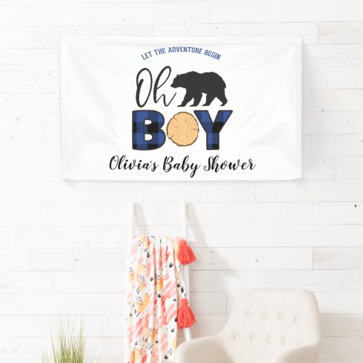 ベアーブルーバッファロープレイドベビーシャワー 横断幕 (インサイチュ)