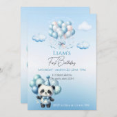 ベアーブルーバルーン子供の誕生日 招待状 (正面/裏面)