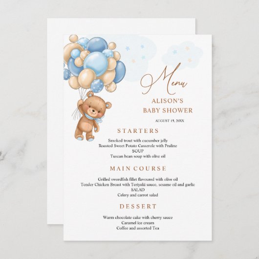 ベアーブルーバルーン赤ちゃんシャワーメニュー メニュー (正面/裏面)