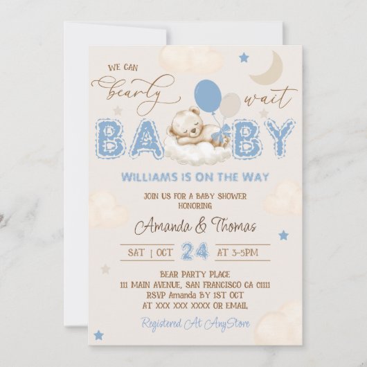 ベアーブルービー待ち男の子ベイビーシャワー 招待状 (正面)