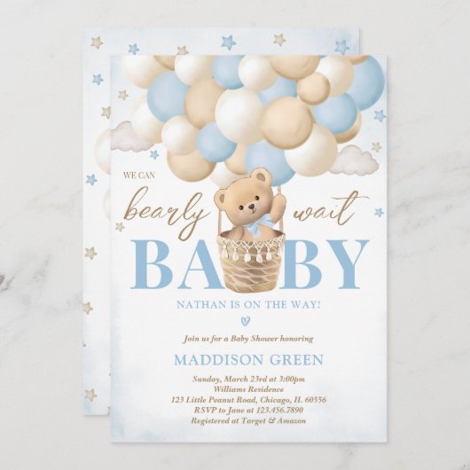 ベアーブルーホットエアバルーンボーイベビーシャワー 招待状 (正面/裏面)