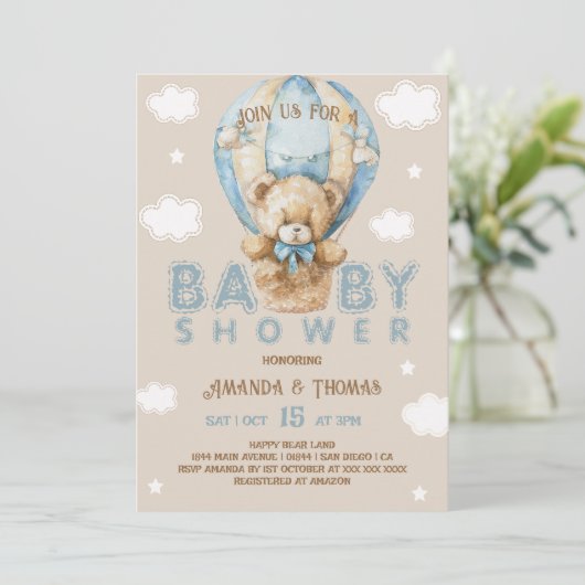 ベアーブルーホットエアバルーンボーイヴィンテージベビーシャワー 招待状 (スタンド正面)