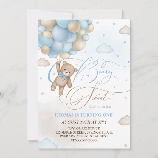 ベアーブルーボーイ1歳の誕生日 招待状 (正面)