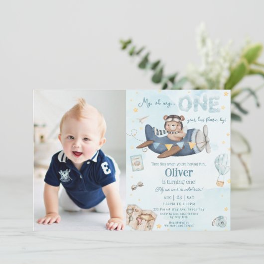 ベアーブルー飛行機タイムフライ1歳の誕生日の写真 招待状 (スタンド正面)