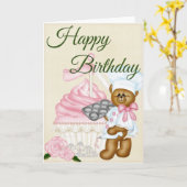 ベアーベイカー付きバニラカップケーキハッピーバースデーカード カード (黄色い花)
