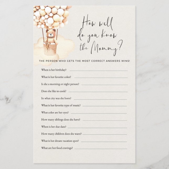 ベアーベイビーシャワーゲームあなたがどれくらい知っているか (正面)