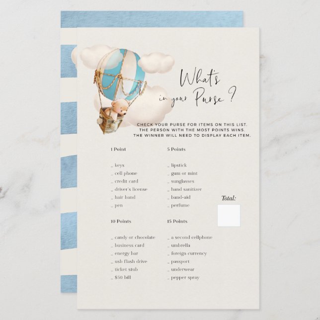 ベアーベイビーシャワーゲーム – あなたの財布の中に何が？ (正面/裏面)
