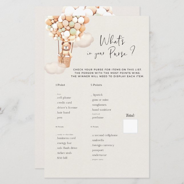 ベアーベイビーシャワーゲーム – あなたの財布の中に何が？ (正面/裏面)