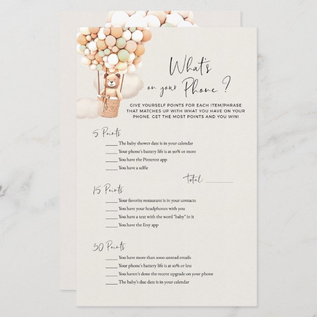 ベアーベイビーシャワーゲーム – あなたの電話は何か？ (正面/裏面)