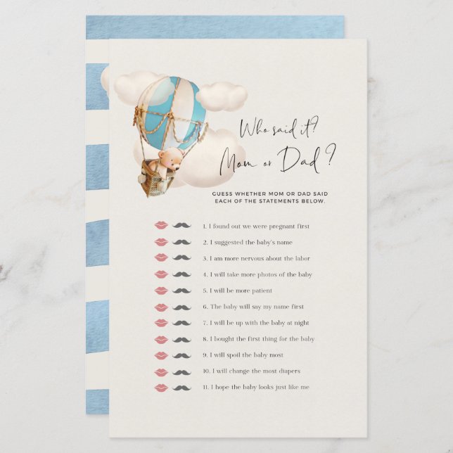 ベアーベイビーシャワーゲーム – 誰が言った？ママかパパか？ (正面/裏面)