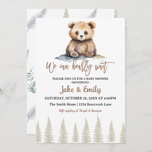 ベアーベイビーシャワー心待ちウッドランドテディ 招待状 (正面/裏面)