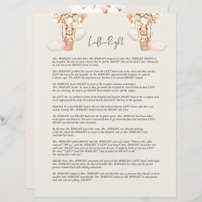 ベアーベイビーシャワー離れゲーム – または右？ (正面/裏面)