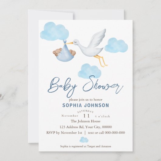 ベアーベイビーシャワー、男の赤ちゃん、コウノトリの配達 招待状 (正面)