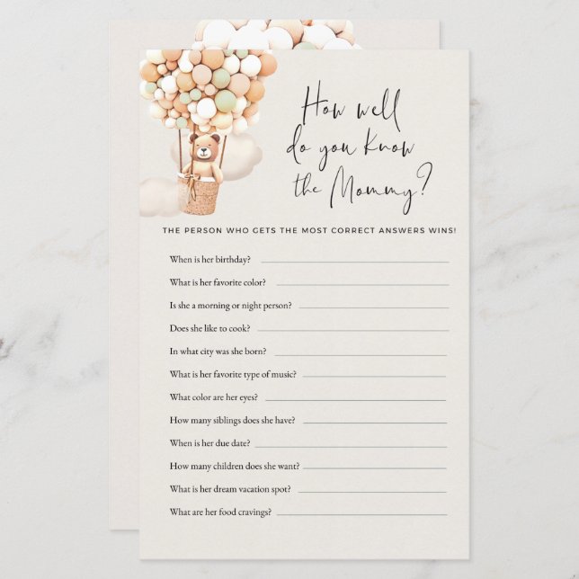 ベアーベビーシャワーゲーム – あなたがどれだけ良くママを知っている (正面/裏面)