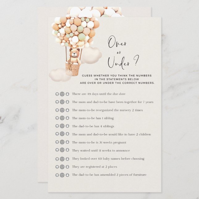 ベアーベビーシャワーゲーム – オーバーまたはアンダーベアーシャワーゲーム (正面/裏面)